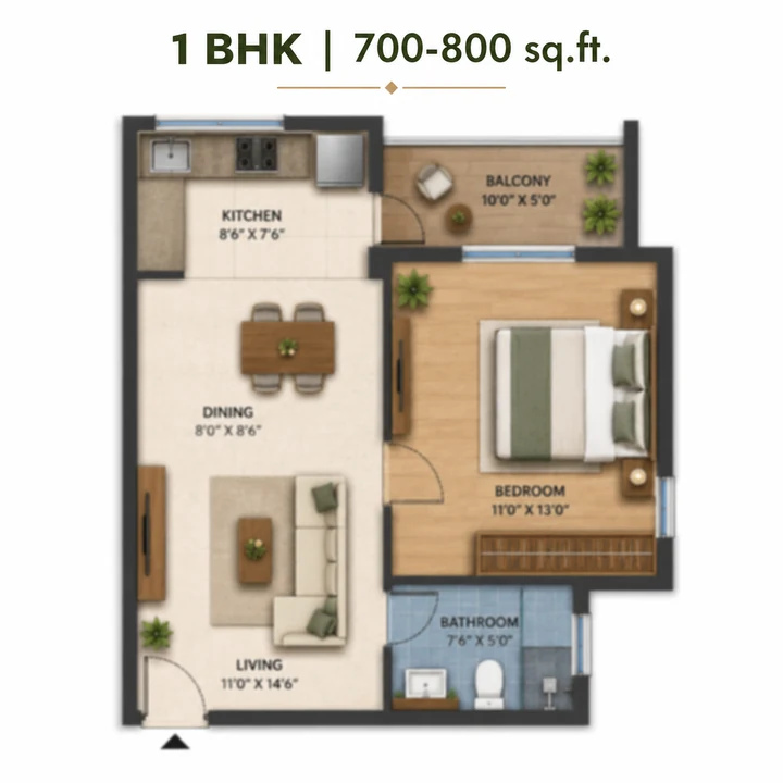 Brigade Granada 1 BHK floor plan layout Brigade Granada 1 BHK floor plan layout